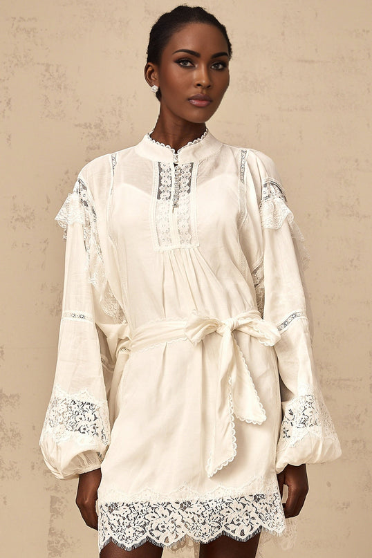 Ivanka White Lace Mini Dress with Ruffle Bow Trim and Crystal-Embellished Buttons
