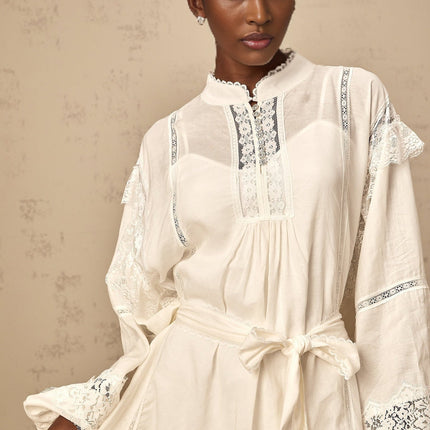 Ivanka White Lace Mini Dress with Ruffle Bow Trim and Crystal-Embellished Buttons