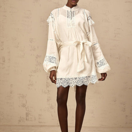 Ivanka White Lace Mini Dress with Ruffle Bow Trim and Crystal-Embellished Buttons