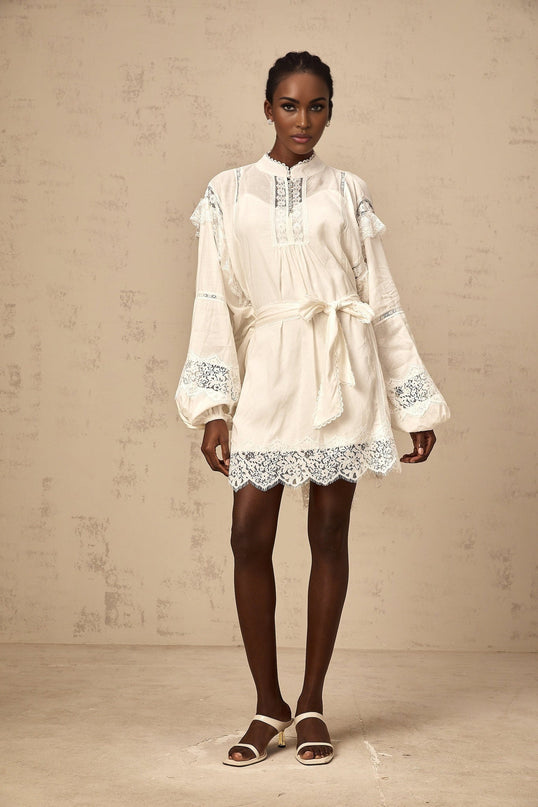 Ivanka White Lace Mini Dress with Ruffle Bow Trim and Crystal-Embellished Buttons
