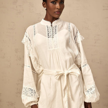 Ivanka White Lace Mini Dress with Ruffle Bow Trim and Crystal Buttons