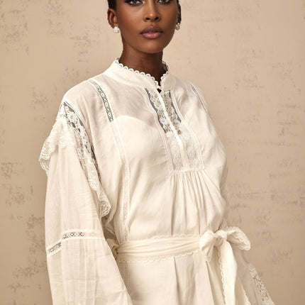 Ivanka White Lace Mini Dress with Ruffle Bow Trim and Crystal-Embellished Buttons