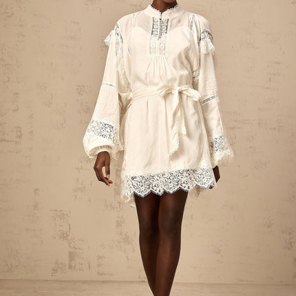 Ivanka White Lace Mini Dress with Ruffle Bow Trim and Crystal-Embellished Buttons