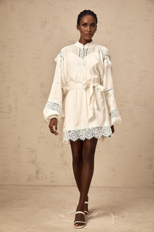 Ivanka White Lace Mini Dress with Ruffle Bow Trim and Crystal-Embellished Buttons