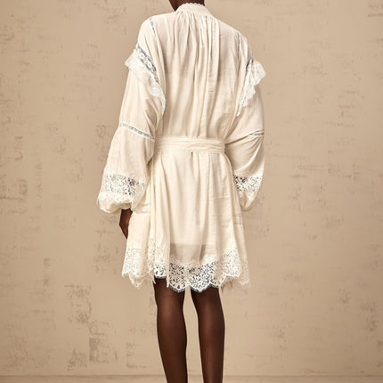 Ivanka White Lace Mini Dress with Ruffle Bow Trim and Crystal-Embellished Buttons