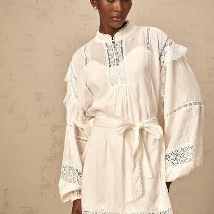 Ivanka White Lace Mini Dress with Ruffle Bow Trim and Crystal-Embellished Buttons