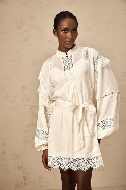 Ivanka White Lace Mini Dress with Ruffle Bow Trim and Crystal-Embellished Buttons