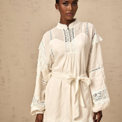 Ivanka White Lace Ruffle Bow Mini Dress with Crystal Buttons and Scalloped Hem