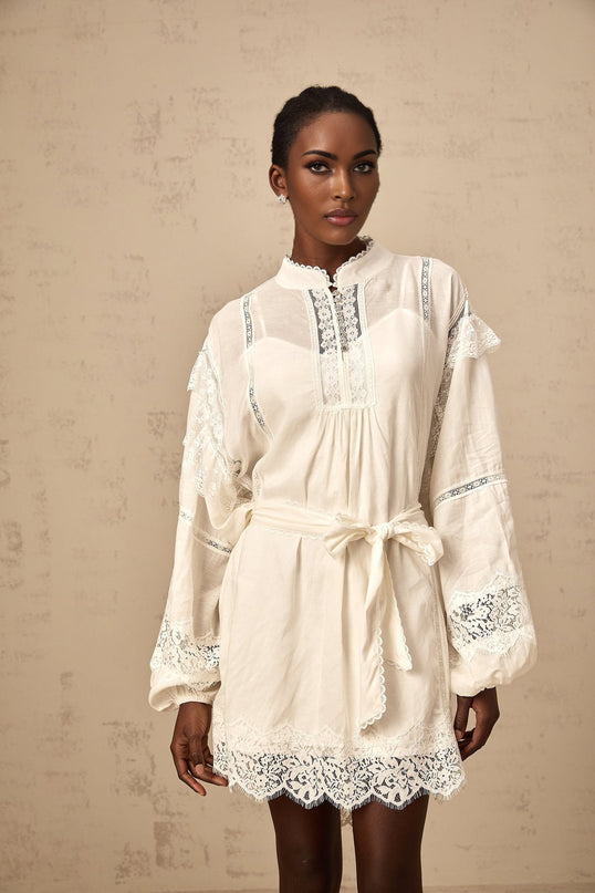 Ivanka White Lace Ruffle Bow Mini Dress with Crystal Buttons and Scalloped Hem