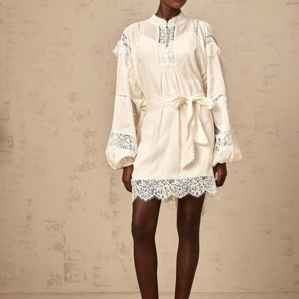 Ivanka White Lace Ruffle Bow Mini Dress with Crystal Buttons and Scalloped Hem