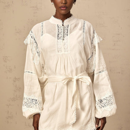 Ivanka White Lace Ruffle Bow Mini Dress with Crystal-Embellished Buttons and Scalloped Hem