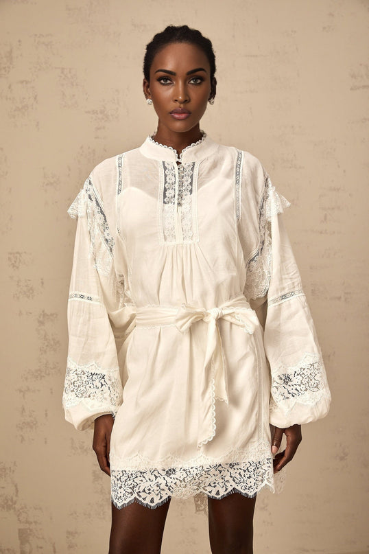 Ivanka White Lace Ruffle Bow Mini Dress with Crystal-Embellished Buttons and Scalloped Hem