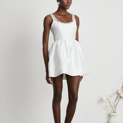 Ivanka White Crystal Embellished Mini Dress Square Neck Sleeveless Cinched Waist A-Line Skirt Rear Zip Fastening Luxury Style