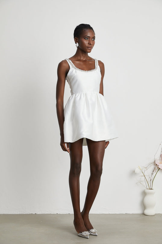 Ivanka White Crystal Embellished Mini Dress Square Neck Sleeveless Cinched Waist A-Line Skirt Rear Zip Fastening Luxury Style