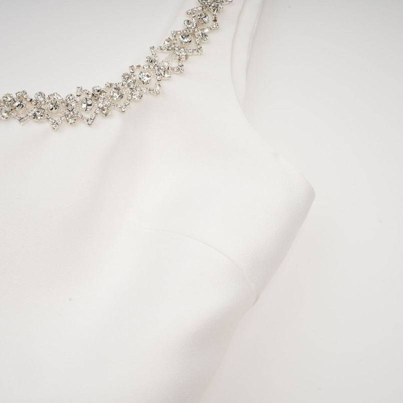 Ivanka White Crystal Embellished Mini Dress with Square Neck and A-Line Skirt