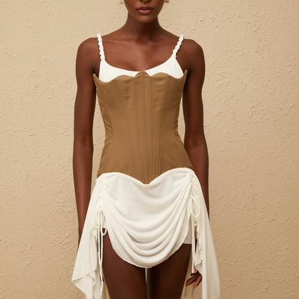 Ivanna Brown White Panel Bustier Mini Dress