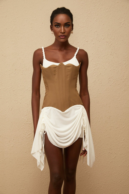 Ivanna Brown White Panel Bustier Mini Dress