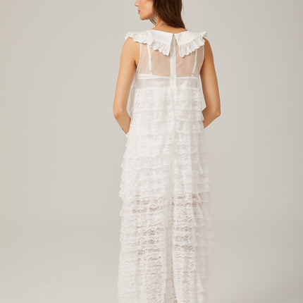 Ivanna White Lace Trim Tiered Ruffles Bowknot Sleeveless U Neck Ankle-Length Dress