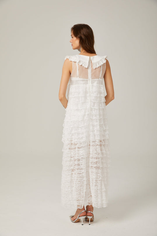 Ivanna White Lace Trim Tiered Ruffles Bowknot Sleeveless U Neck Ankle-Length Dress