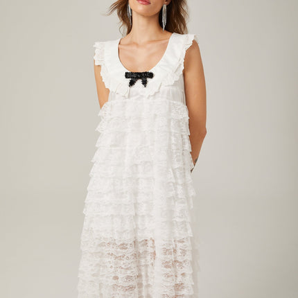 Ivanna White Lace Trim Tiered Ruffles Bowknot Sleeveless U Neck Ankle-Length Dress