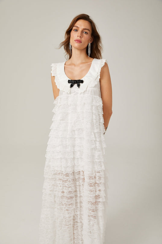 Ivanna White Lace Trim Tiered Ruffles Bowknot Sleeveless U Neck Ankle-Length Dress