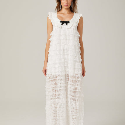 Ivanna White Lace Trim Tiered Ruffles Bowknot Sleeveless U Neck Ankle-Length Dress