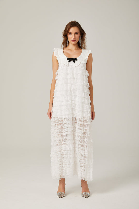 Ivanna White Lace Trim Tiered Ruffles Bowknot Sleeveless U Neck Ankle-Length Dress