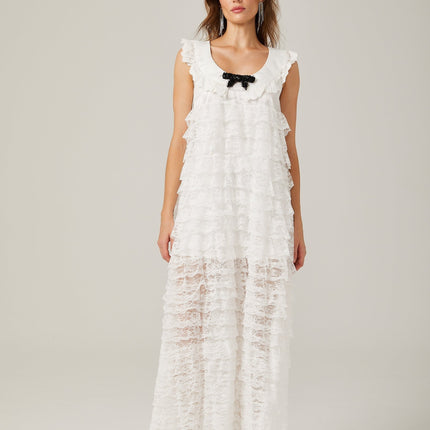 Ivanna White Lace Trim Tiered Ruffles Bowknot Detailing Zip Fastening U Neck Sleeveless Ankle-Length Dress