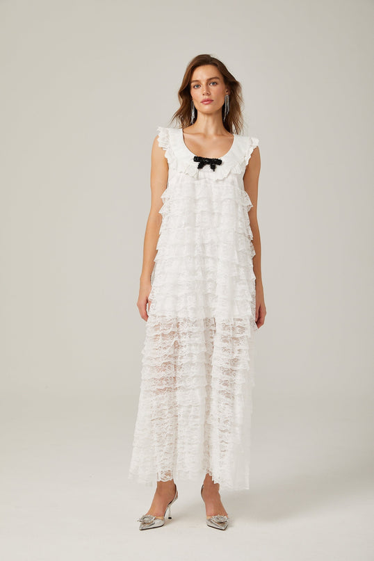 Ivanna White Lace Trim Tiered Ruffles Bowknot Detailing Zip Fastening U Neck Sleeveless Ankle-Length Dress