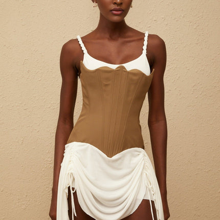 Ivanna Mini Dress Brown & White Panel Bustier with Braided Straps and Ruched Detailing