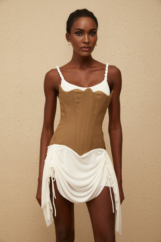 Ivanna Mini Dress Brown & White Panel Bustier with Braided Straps and Ruched Detailing
