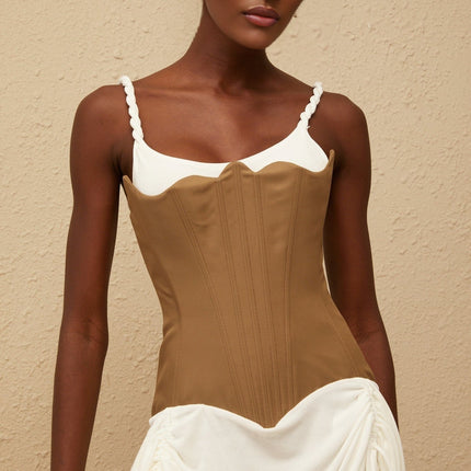Ivanna Mini Dress Brown & White Panel Bustier structured silhouette boned bodice ruched detailing asymmetrical hem ribbon design lace-up fastening Terylene fiber