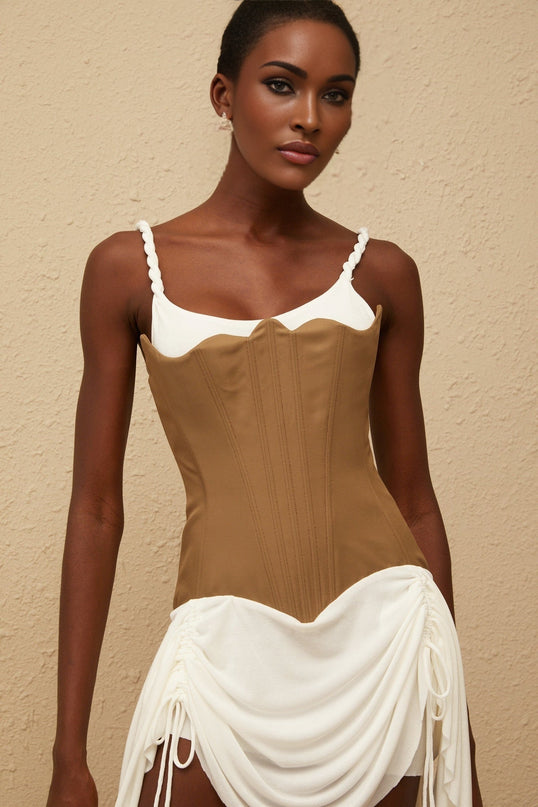 Ivanna Mini Dress Brown & White Panel Bustier structured silhouette boned bodice ruched detailing asymmetrical hem ribbon design lace-up fastening Terylene fiber