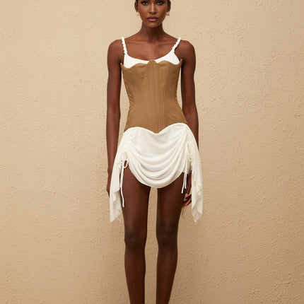 Ivanna Mini Dress Brown & White Panel Bustier scoop neck sleeveless braided straps boned bodice panelled ruched detailing asymmetrical hem ribbon design lace-up fastening thigh-length Terylene fiber
