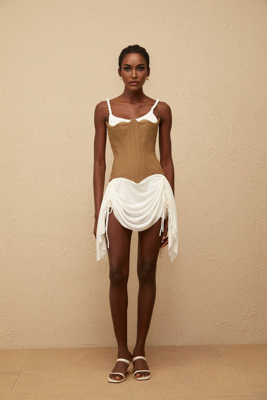 Ivanna Mini Dress Brown & White Panel Bustier scoop neck sleeveless braided straps boned bodice panelled ruched detailing asymmetrical hem ribbon design lace-up fastening thigh-length Terylene fiber