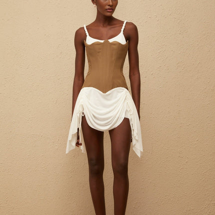 Ivanna Mini Dress Brown & White Panel Bustier scoop neck sleeveless braided straps boned bodice panelled design ruched detailing asymmetrical hem ribbon design rear lace-up fastening thigh-length 100% Terylene fiber