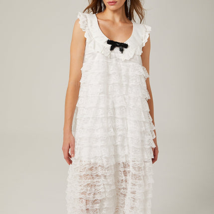 Ivanna White Lace Trim Tiered Ruffles Bowknot Sleeveless U Neck Ankle-Length Dress