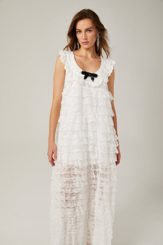 Ivanna White Lace Trim Tiered Ruffles Bowknot Sleeveless U Neck Ankle-Length Dress
