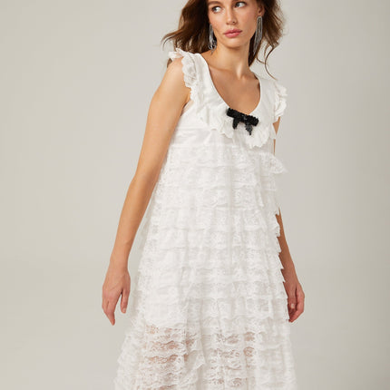 Ivanna White Lace Trim Tiered Ruffles Bowknot Sleeveless U Neck Midi Dress
