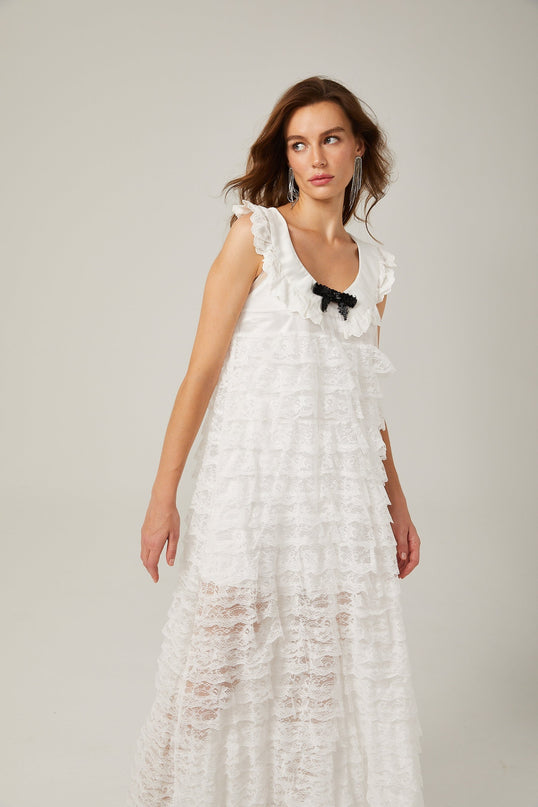 Ivanna White Lace Trim Tiered Ruffles Bowknot Sleeveless U Neck Midi Dress