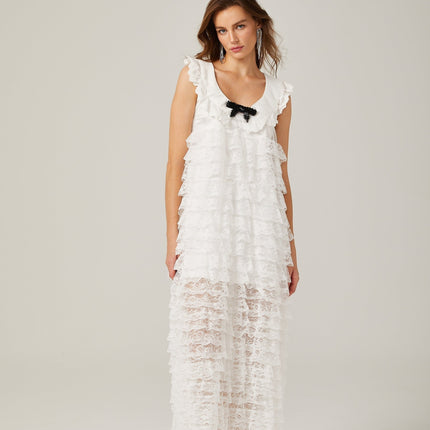 Ivanna White Lace Trim Tiered Ruffles Bowknot Sleeveless U Neck Midi Dress