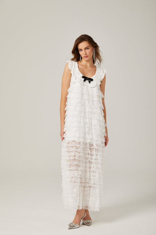 Ivanna White Lace Trim Tiered Ruffles Bowknot Sleeveless U Neck Midi Dress