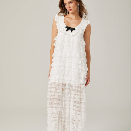 Ivanna White Lace Trim Tiered Ruffles Bowknot Sleeveless U Neck Midi Dress Zip Fastening Ankle-Length 70 Cotton 30 Polyester