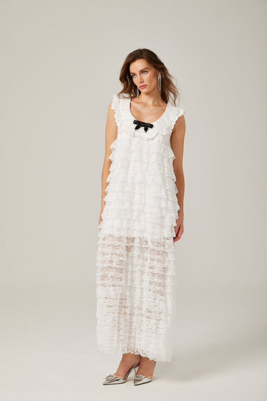 Ivanna White Lace Trim Tiered Ruffles Bowknot Sleeveless U Neck Midi Dress Zip Fastening Ankle-Length 70 Cotton 30 Polyester