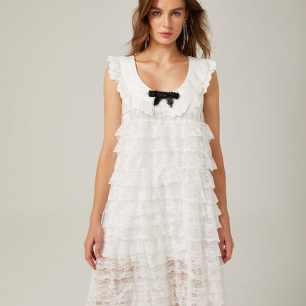 Ivanna White Lace Trim Tiered Ruffles Bowknot Sleeveless U Neck Ankle-Length Midi Dress