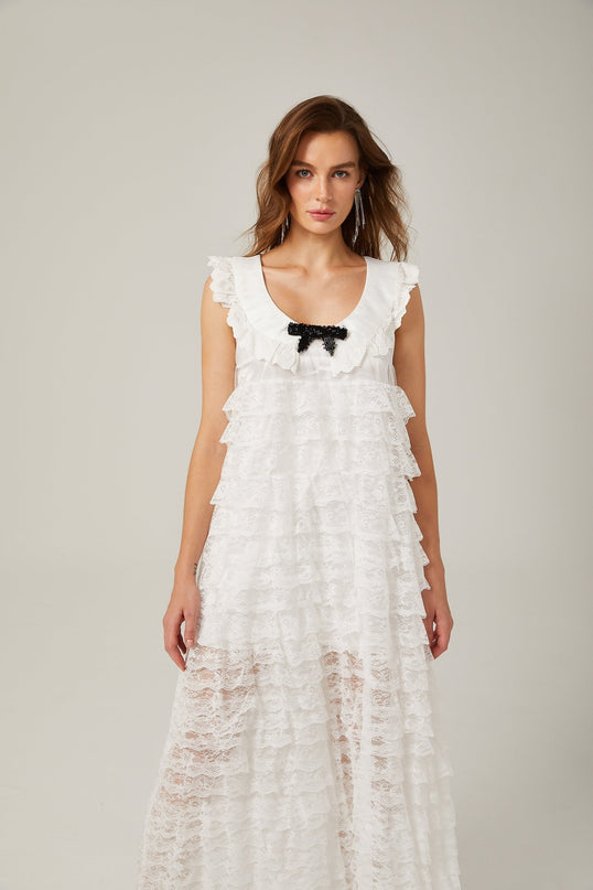 Ivanna White Lace Trim Tiered Ruffles Bowknot Sleeveless U Neck Ankle-Length Midi Dress