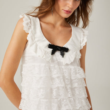 Ivanna White Lace Trim Tiered Ruffles Bowknot Sleeveless U Neck Ankle-Length Midi Dress