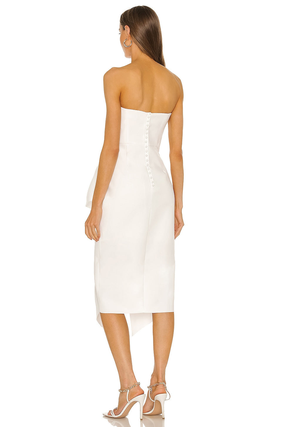 Ivory Alexandra Bridal Dress Boned Bodice Hidden Back Zipper Pleated Overlay Ruffle Detail Non-Slip Strip Mid-weight Crepe Fabric Raw-cut Edges 42 inches length Handcrafted refined beauty