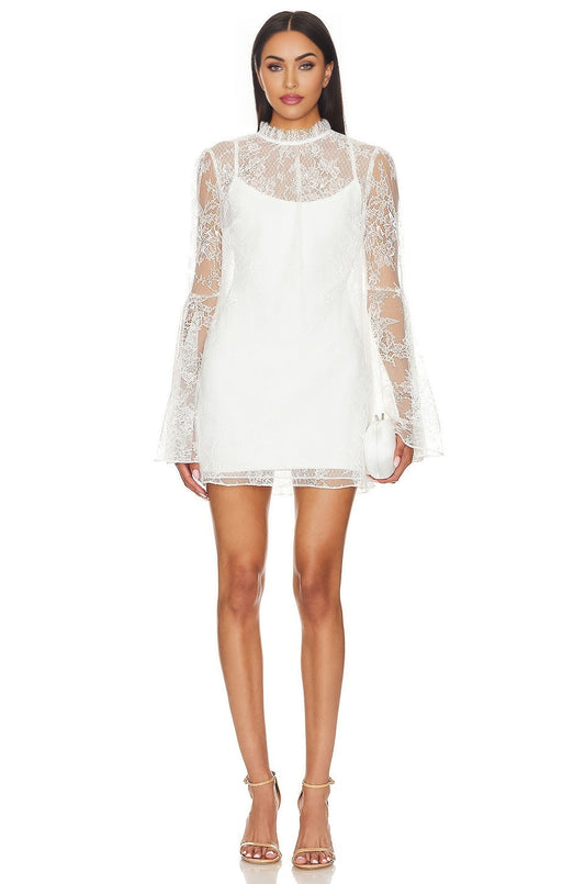 Ivory Elettra Bridal Dress Lace Overlay Bell Sleeves Back Keyhole Hook and Eye Closure Nylon Polyester