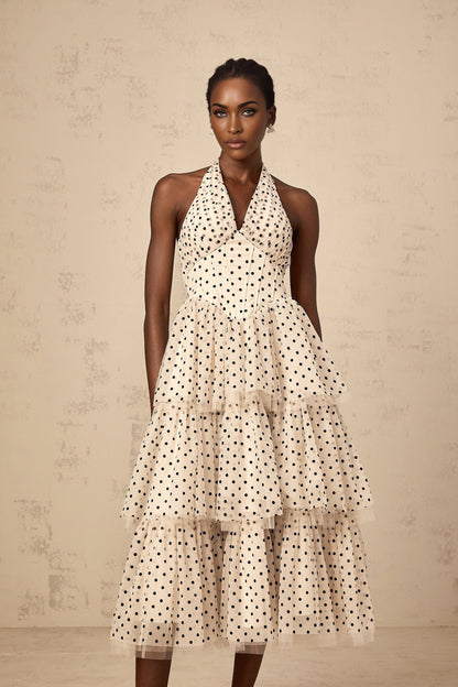 Ivory midi dress with polka dots and tiered skirt design
